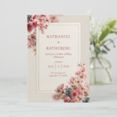 Wood Grain Romantic Pink Sakura Frame Wedding 招待状 (スタンド正面)