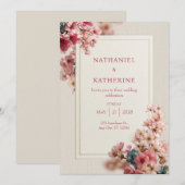 Wood Grain Romantic Pink Sakura Frame Wedding 招待状 (正面/裏面)