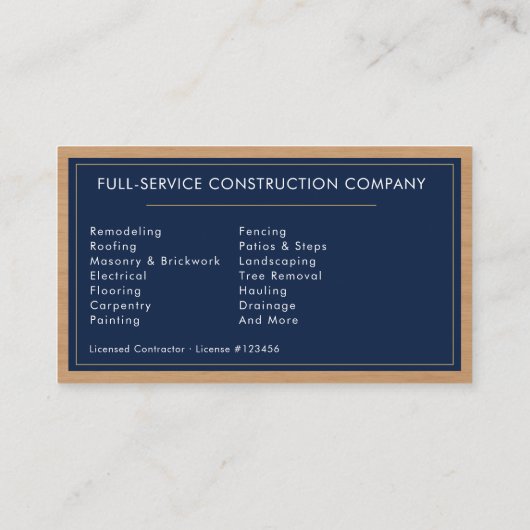 Wood Handyman Construction Navy Blue Gold  名刺 (裏面)