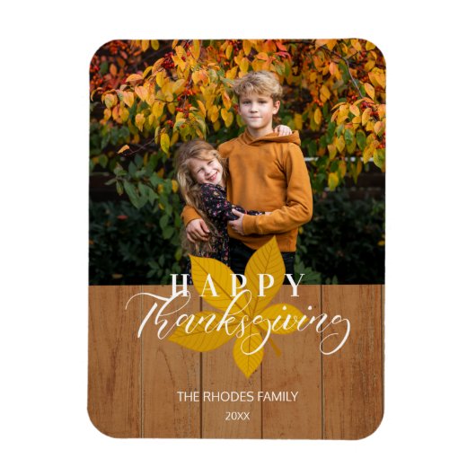 Wood Happy Thanksgivingスクリプト葉の写真 マグネット (縦)