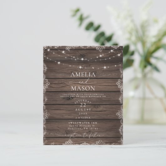 Wood & Lace String Light Rustic Wedding Invitation (スタンド正面)