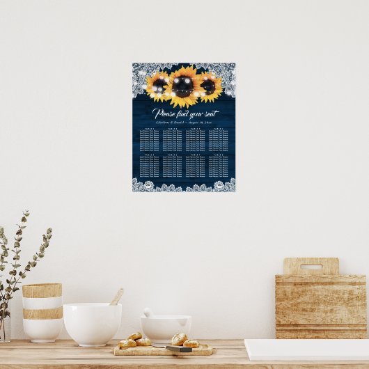 Wood Lace Sunflower Navy Blue  Seating Chart ポスター (キッチン)
