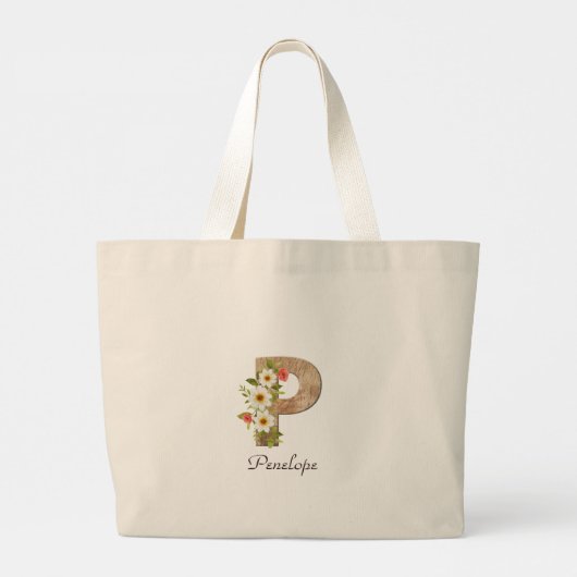 Wood letter P flower monogram retirement Tote Bag ラージトートバッグ (裏面)