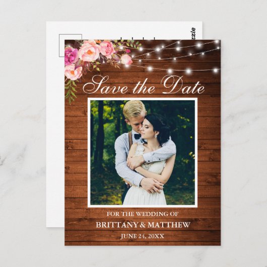 Wood Lightsピンクのフローラ写真Save the Date ポストカード (正面/裏面)