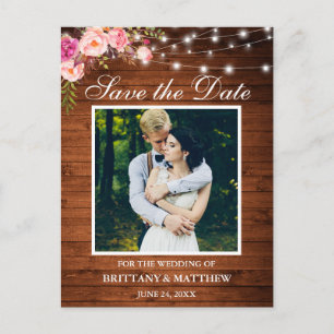 Wood Lightsピンクのフローラ写真Save the Date ポストカード