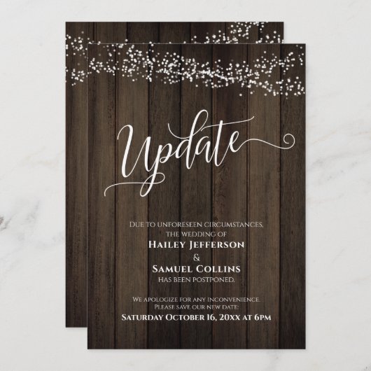 Wood & Lights素朴の更新カー結婚ドを延期 招待状 (正面/裏面)