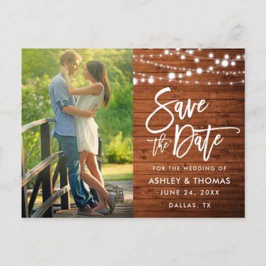 Wood Lights素朴 Brush Script日付の保存 ポストカード (正面)