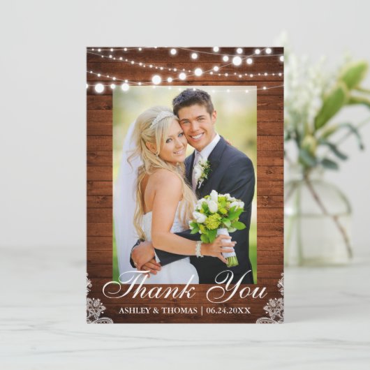 Wood Lights Lace素朴の写真結婚ありがとう サンキューカード (スタンド正面)