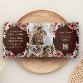 Wood Marsala フローラルフォトコラージュQRコード ウェディング 三つ折り招待状