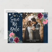 Wood Navy 素朴 Blue Burgundy写真Save The Date ポストカード (正面/裏面)