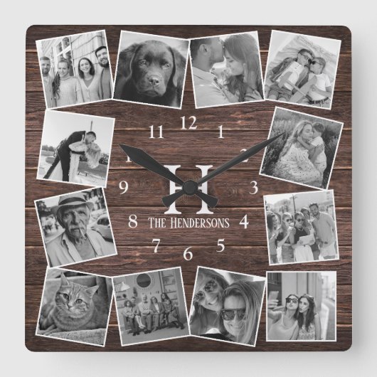 Wood Photo Collageモ素朴ノグラムが自分で作成 スクエア壁時計 (正面)