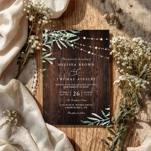 Wood Rustic String Light Country QR Code Wedding 招待状