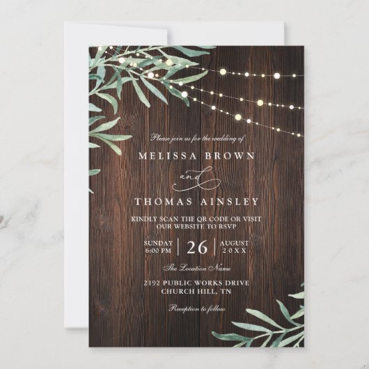 Wood Rustic String Light Country QR Code Wedding 招待状 (正面)
