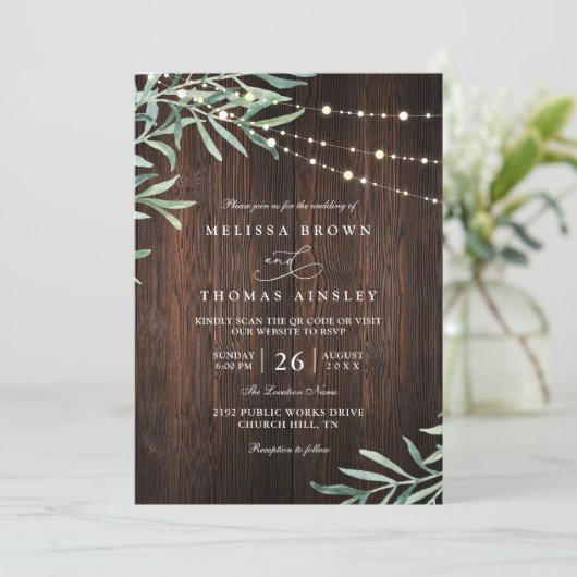 Wood Rustic String Light Country QR Code Wedding 招待状 (スタンド正面)
