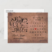 Wood Save the Date Calendar Red Loveハート 案内ポストカード (正面/裏面)