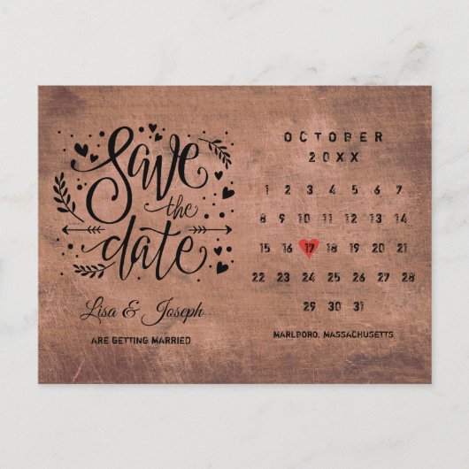 Wood Save the Date Calendar Red Loveハート 案内ポストカード (正面)