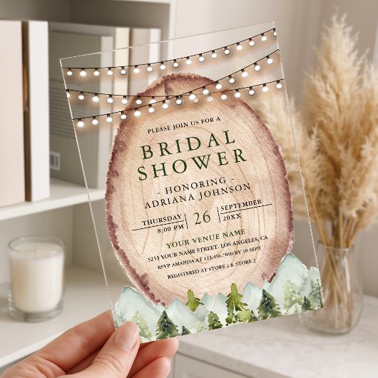 Wood Slice Mountain Forest Bridal Shower アクリル招待状