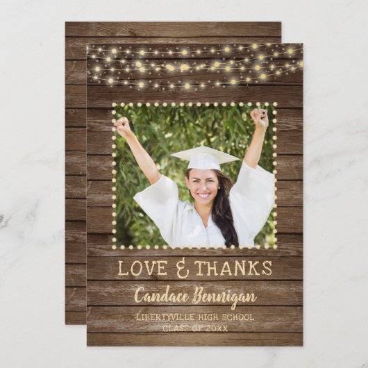 Wood String Lights卒業写真ありがとう 案内状 (正面/裏面)