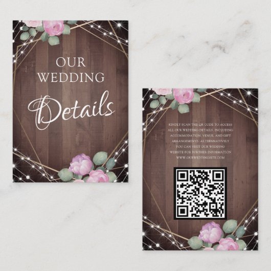 Wood String Lights and Floral Wedding Details エンクロージャーカード (正面/裏面)