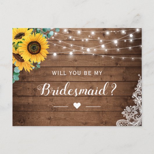 Wood Sunflower Be My Bridesmaid Proposal ポストカード (正面)