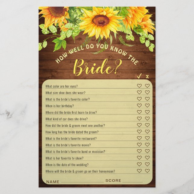 Wood Sunflower Blossom Greenery Bridal Shower Game (正面)