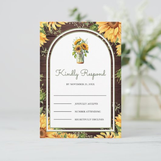 Wood Sunflowers Mason Jar Arch Wedding 出欠カード (スタンド正面)