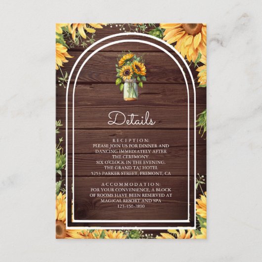 Wood Sunflowers Mason Jar Arch Wedding Details エンクロージャーカード (正面)