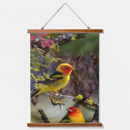 Wood Topped Wall Tapestry Golden Songbirds and Red 吊り下げ型タペストリー