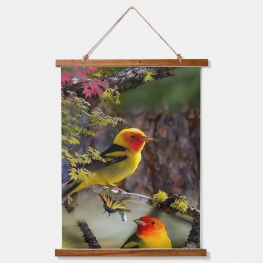 Wood Topped Wall Tapestry Golden Songbirds and Red 吊り下げ型タペストリー (正面)