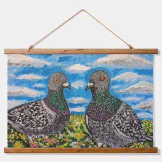 Wood Topped Wall Tapestry of two pigeons 吊り下げ型タペストリー