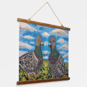 Wood Topped Wall Tapestry of two pigeons 吊り下げ型タペストリー (傾斜あり)