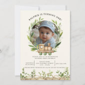 Wood Train Greenery Photo First Birthday 招待状 (正面)
