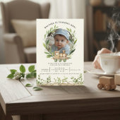 Wood Train Greenery Photo First Birthday 招待状