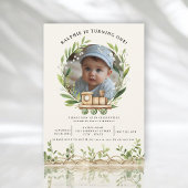 Wood Train Greenery Photo First Birthday 招待状