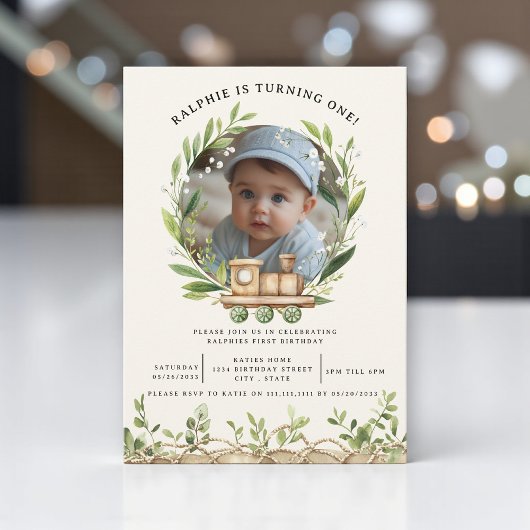 Wood Train Greenery Photo First Birthday 招待状
