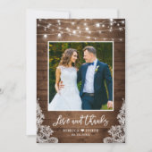 Wood Twinkle Lights素朴の写結婚真ありがとう サンキューカード (正面)