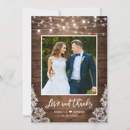 Wood Twinkle Lights素朴の写結婚真ありがとう サンキューカード (正面)