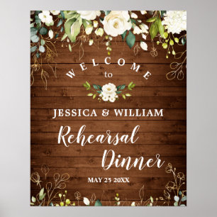 Wood & White Roses Floral Rehearsal Dinner Sign ポスター