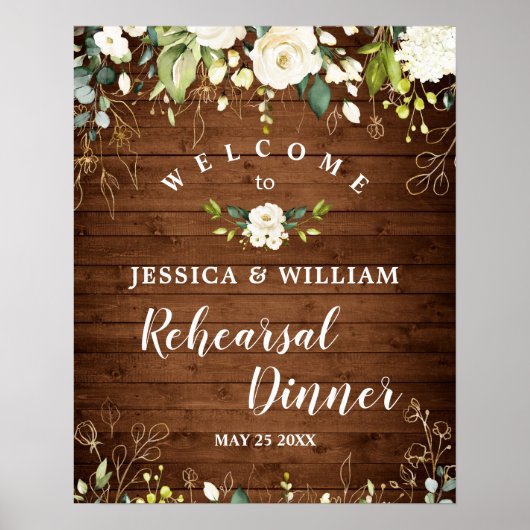 Wood & White Roses  Floral Rehearsal Dinner Sign ポスター (正面)