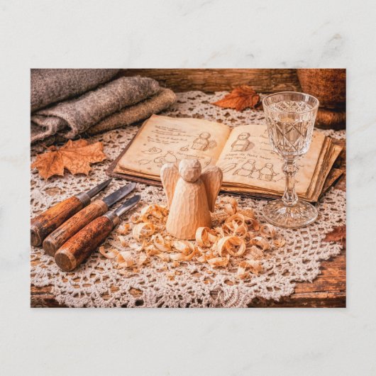 Woodcarving Angel in Progress with Tools and Shavi ポストカード (正面)