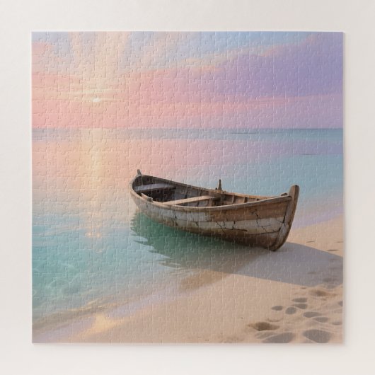 Wooden Boat Tropical Sunset Beach ジグソーパズル (縦)