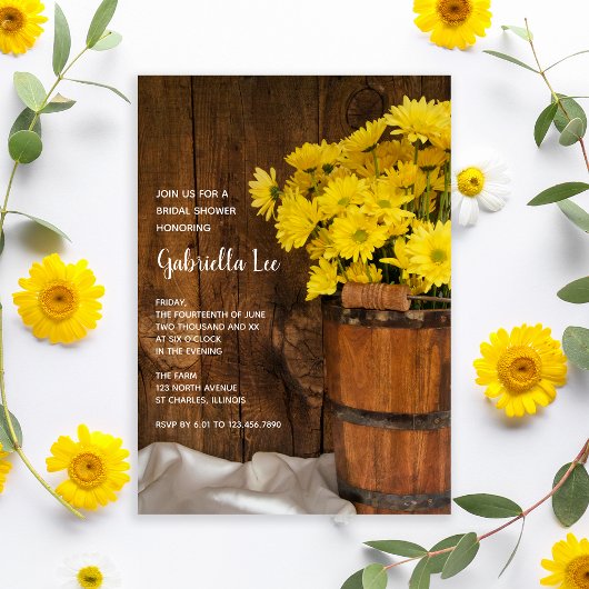 Wooden Bucket Yellow Daisies Barn Bridal Shower 招待状