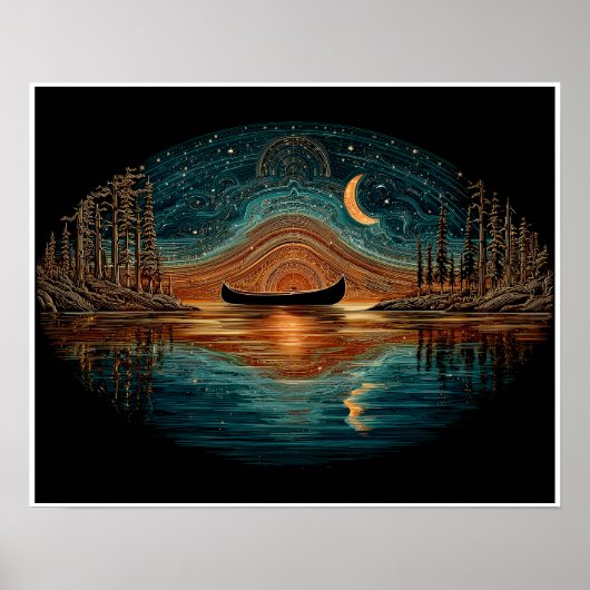 Wooden canoe and crescent moon in the North Woods ポスター (正面)