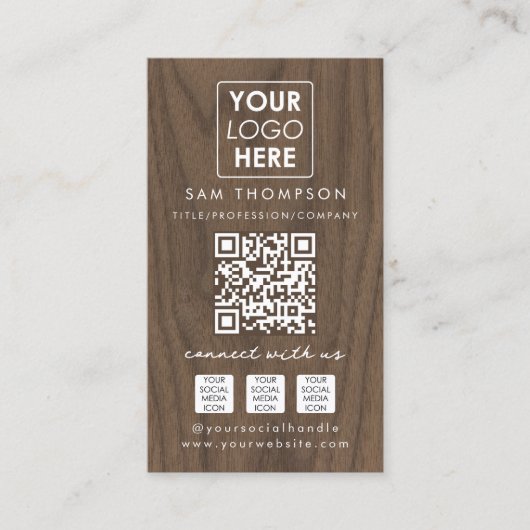 Wooden Connect with UsソーシャルメディアQRコードロゴ 名刺 (正面)