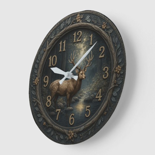  Wooden forest Rustic deer ラージ壁時計 (傾斜)