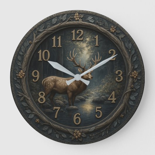  Wooden forest Rustic deer ラージ壁時計 (正面)