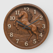 Wooden horse carved rustic equestrian rustic art ラージ壁時計 (正面)