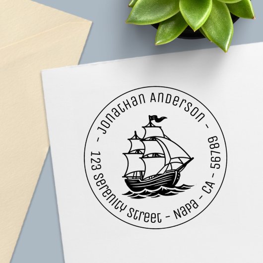 Wooden Sailing Ship Galleon Sea Round Address セルフインキングスタンプ