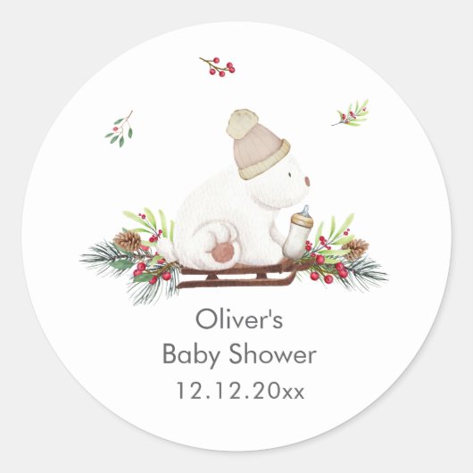 Wooden Winter Sleigh Polar Bear Baby Shower  ラウンドシール (正面)