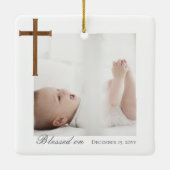 Woodgrain Baptism Calligraphy Photo Collage Baby セラミックオーナメント (裏面)